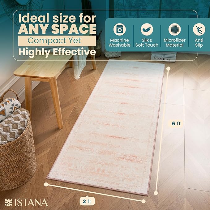 Istana Hallway Runner Rug 2x6 - Pink Kitchen Rugs Non Slip Washable -Silk's Soft Touch Carpet Runner - Stylish Rug Runner for Home