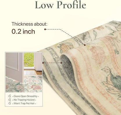 Bavni 8x10 Area Rugs for Living Room, Microfiber Machine Washable Non-Slip Vintage Floral Rug, Low Pile Lightweight Carpet for Bedroom, Dining Room, Home Office, Beige&Pink