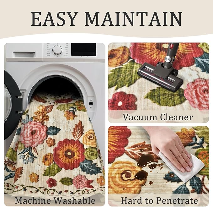 5x8 Machine Washable Area Rug for Living Room, Beige Vintage Boho Floral Rug Large Non-Slip Low Pile Soft Faux Wool Carpet, Kids and Pets Friendly for Bedroom Dining Room Farmhouse Home Decor Rug