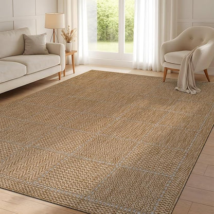 Beverly Rug Easy Jute Checkered Squared Rug 5x7 Washable Durable Indoor Outdoor Area Rugs for Living Dining Room Patio Office Stain Resistant Non Shedding Casual Indoor Outside Carpet 5 x 7 Natural
