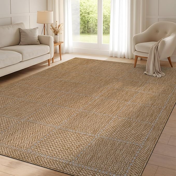 Beverly Rug Easy Jute Checkered Squared Rug 6x9 Washable Durable Indoor Outdoor Area Rugs for Living Dining Room Patio Office Stain Resistant Non Shedding Casual Indoor Outside Carpet 6 x 9 Natural