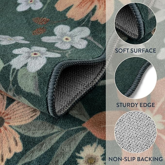 Lahome Floral Hallway Runner Rug Non Slip, 2'6''x10' Washable Runner Rug Soft Ultra-Thin Soft Runners for Hallways, Kitchen Runners Distressed Carpet for Entryway Bathroom(Dark Green)