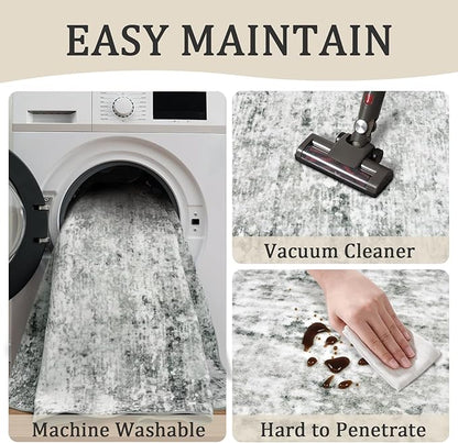 4x6 Machine Washable Area Rug for Living Room, Grey Modern Vintage Abstract Rug Large Non-Slip Low Pile Soft Faux Wool Carpet, Kids and Pets Friendly for Bedroom Dining Room Farmhouse Home Decor Rug