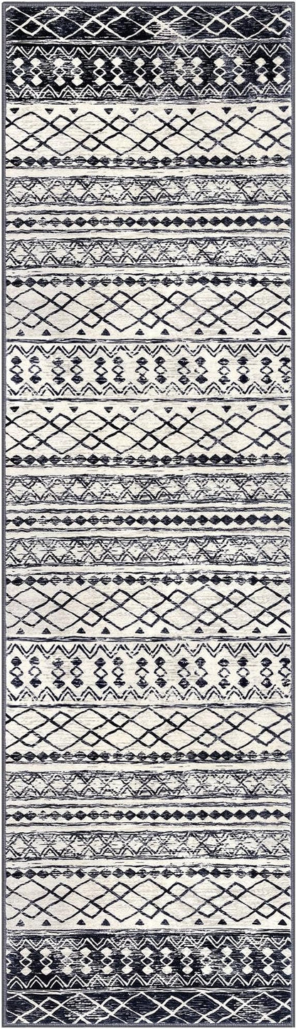 KUTA Moroccan Washable Kitchen Rug, 2x7 Non-Slip Vintage Black Navy Blue Boho Hallway Runner Rugs Ultra Soft Distressed Geometric Floor Carpet Runners for Bedroom Laundry Living Room
