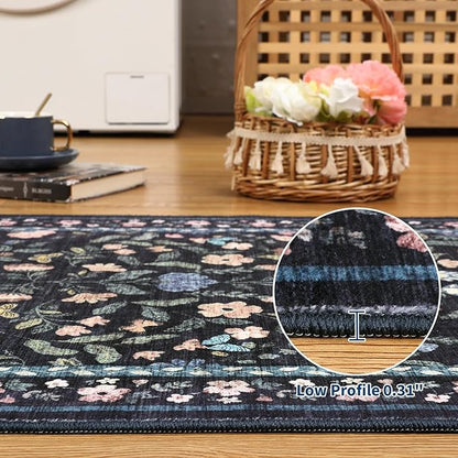 GarveeHome Large Washable Area Rug 10 x 13 for Living Room, Non-Slip Soft Vintage Rug, Low Pile Farmhouse Floral Carpet, Non-Shedding Foldable Printed Rugs for Bedroom, Dark Grey Blue
