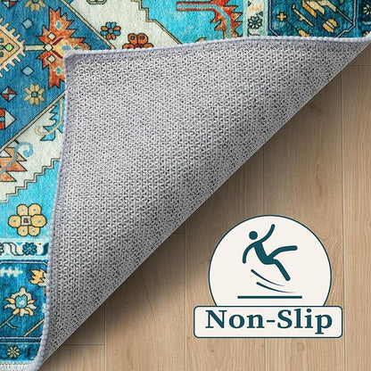 SERISSA Boho Round Area Rug, 5ft Washable Non-Slip Circle Rug, Ultra Soft Oriental Vintage Blue Low-Pile Circular Carpet for Bedroom Entryway Kids Room Office College Dorm Living Room