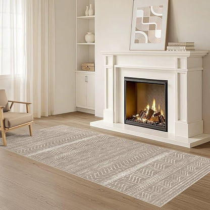 Nakagishi Area Rug Living Room Rugs: 2X6 Machine Washable Boho Large Neutral Farmhouse Stain Resistant Moroccan Indoor Floor Carpet for Bedroom Nursery Dorm Dining Room Home-Dark Brown