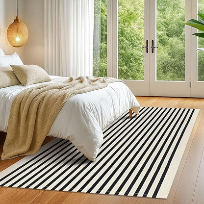 KOZYFLY Black and Beige Striped Rug 5x8 Ft Area Rug Washable Indoor Outdoor Rug Cotton Outdoor Patio Rugs Farmhouse Rugs Living Room Carpet for Patio Dining Room Bedroom