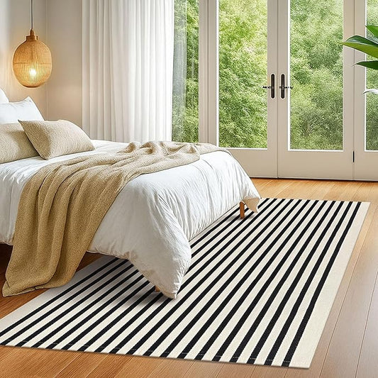 KOZYFLY Black and Beige Striped Rug 5x8 Ft Area Rug Washable Indoor Outdoor Rug Cotton Outdoor Patio Rugs Farmhouse Rugs Living Room Carpet for Patio Dining Room Bedroom