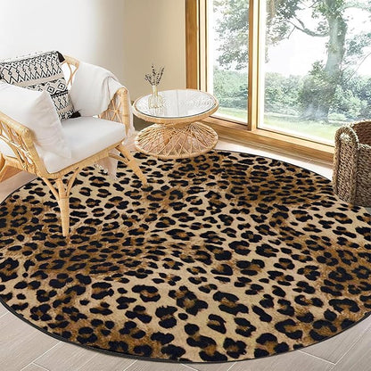 3ft Leopard Print Round Area Rug, Washable Non-Slip Ultra-Soft Low Pile Carpet, Non-Shedding Modern Circle Rug for Bedroom Entryway Kitchen Bathroom Office