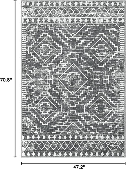 Wonnitar Moroccan 4x6 Area Rug, Washable Dark Gray Living Room Rug, Non-Slip Boho Rug for Bedroom, Farmhouse Non-Shedding Soft Indoor Carpet for Kitchen Entryway Mud Room (Dark Grey,4'x6')