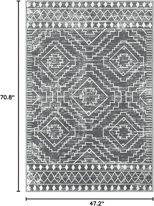 Wonnitar Moroccan 4x6 Area Rug, Washable Dark Gray Living Room Rug, Non-Slip Boho Rug for Bedroom, Farmhouse Non-Shedding Soft Indoor Carpet for Kitchen Entryway Mud Room (Dark Grey,4'x6')