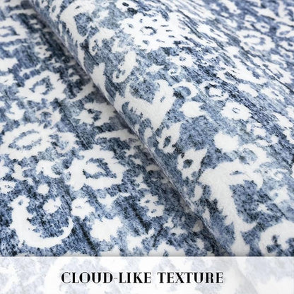 Vintage Floral 2x5 Runner Rug, Light Blue White Washable Kitchen Runner Rug Non-Slip Hallway Rug Runner Super Soft Thin Printed Faux Wool Carpet for Entryway Bedroom Bedside Laundry Room Indoor