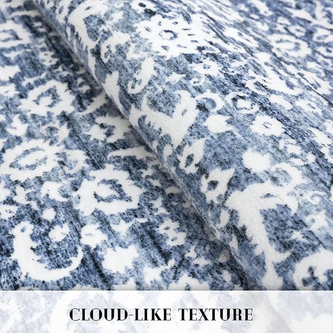 Vintage Floral 2x6 Runner Rug, Light Blue White Washable Kitchen Runner Rug Non-Slip Hallway Rug Runner Thin Printed Faux Wool Super Soft Carpet for Entryway Bedroom Laundry Room Indoor
