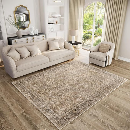 Washable Area Rugs 5'x7' Non-Slip Vintage Boho Distressed Fade Resistant Low Pile Carpet for High-Traffic Living Room, Bedroom & Dining Room