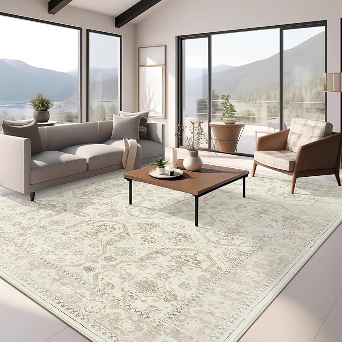 8x10 Area Rugs, Washable Rugs, Large Stain Resistant Beige Area Rug for Living Room Bedroom Dining Room, Vintage Farmhouse Rug