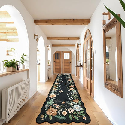 Lahome Floral Hallway Runner Rug Non Slip, 2'6''x10' Washable Runner Ultra-Thin Soft Kitchen Runners for Hallways, Stain Resistan Carpet for Entryway Bathroom(Black/Grey)