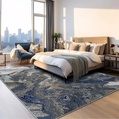 Modern Washable Rug for Living Room: Abstract 10x14 Area Rugs for Bedroom Low Pile Non Slip - Stain Resistant Carpet for Dining Room Indoor - Blue Gold