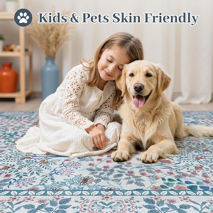 5x7 Area Rugs Living Room Rug - Floral Vintage Morris-Inspired Washable Carpet, Low Pile Non-Shedding Stain Resistance Boho Soft Carpet for Bedroom, Dining Room, Office, Farmhouse (5'x7' Blue/Pink)