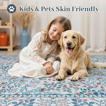 6x9 Area Rugs Living Room Rug - Floral Vintage Morris-Inspired Washable Carpet, Low Pile Non-Shedding Stain Resistance Boho Soft Carpet for Bedroom, Dining Room, Office, Farmhouse (6'x9' Blue/Pink)