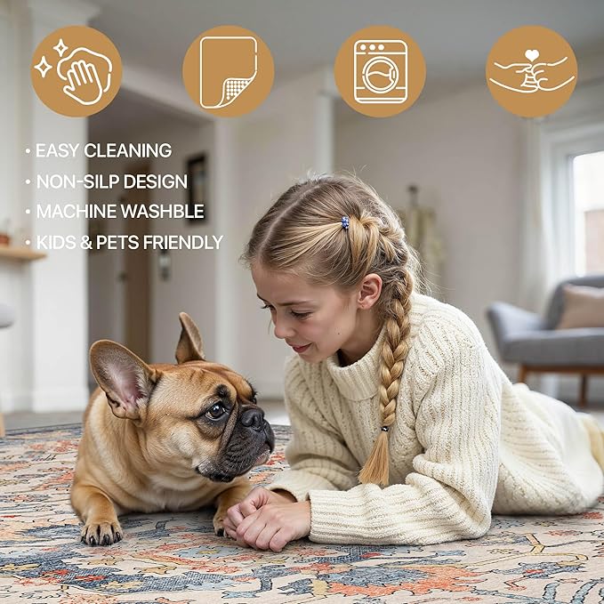 Bavni Area Rug 3x5, Non-Slip Washable Rugs for Living Room Office, Boho Distressed Printed Rug, Low Pile Foldable Decorative Carpet for Bedroom Kitchen Office, Teal/Multi