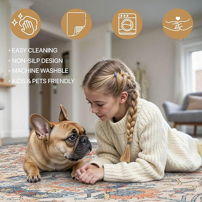 Bavni Area Rug 3x5, Non-Slip Washable Rugs for Living Room Office, Boho Distressed Printed Rug, Low Pile Foldable Decorative Carpet for Bedroom Kitchen Office, Teal/Multi