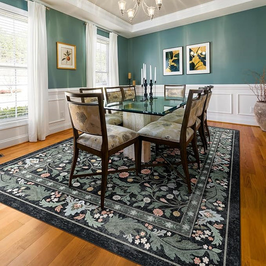 Dark Green Floral 8x10 Area Rugs for Living Room Large Washable Rug Vintage Forest Low Pile Non Slip Stain Resistance Soft Carpet for Dining Room, Bedroom, Kids Room, Nursery Room, Playroom
