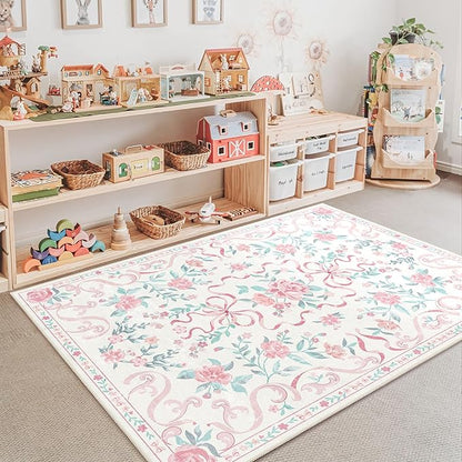 Pink Rug Bow Floral Rug 3x5, Washable Boho Area Rugs Non Slip Low Pile Carpet for Girls Room Bedroom, Bedside, Kitchen, Entryway, Kids Room, Soft Ultra-Thin Indoor Elegant Rugs