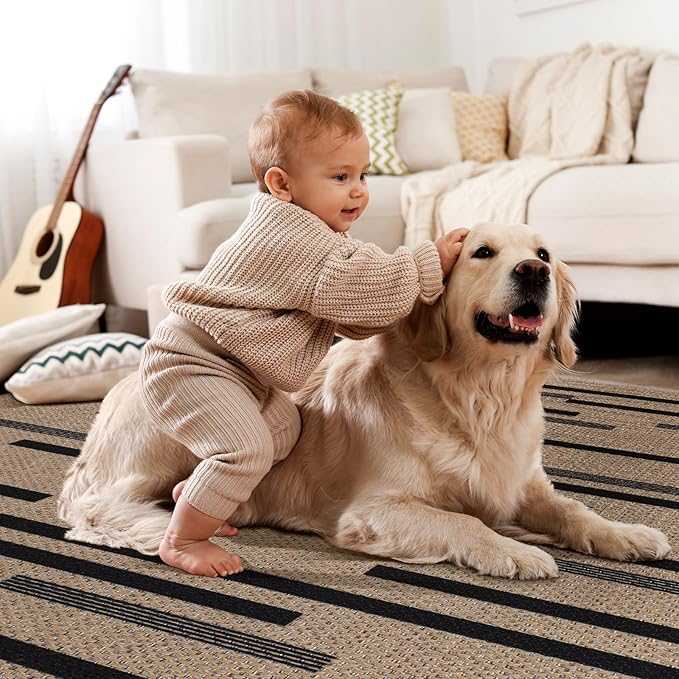 Tangsoo Stripe Easy Jute Rug,Ultra Thin 3x5 Washable Area Rug for Bedroom,Non-Slip Black Indoor Outdoor Rug Modern Low Pile Carpet Farmhouse Non Shedding Mat for Patio Backyard Entryway