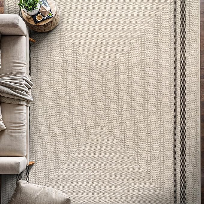 Beverly Rug Easy Jute Bordered Rug 5x7 Washable Durable Indoor Outdoor Area Rugs for Living Dining Room Patio Office Stain Resistant Non Shedding Casual Indoor Outside Carpet 5 x 7 Off-White