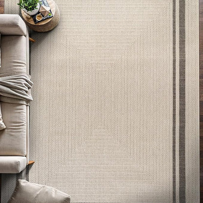 Beverly Rug Easy Jute Bordered Rug 6x9 Washable Durable Indoor Outdoor Area Rugs for Living Dining Room Patio Office Stain Resistant Non Shedding Casual Indoor Outside Carpet 6 x 9 Off-White