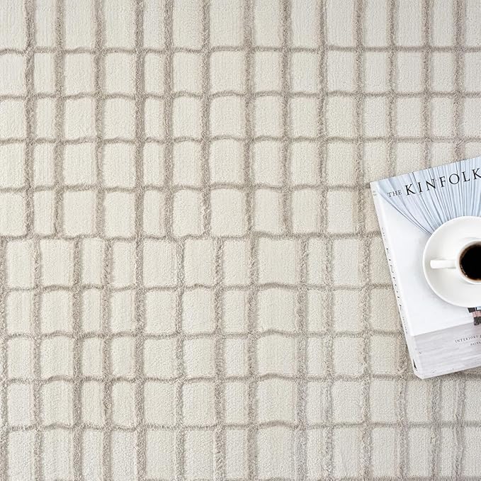 Abani Cream Grid Textured Area Rug - 4' x 6' - Chunky, Plush and Soft Washable Carpet - Perfect for Living Room & Bedroom - Plush Deco Collection