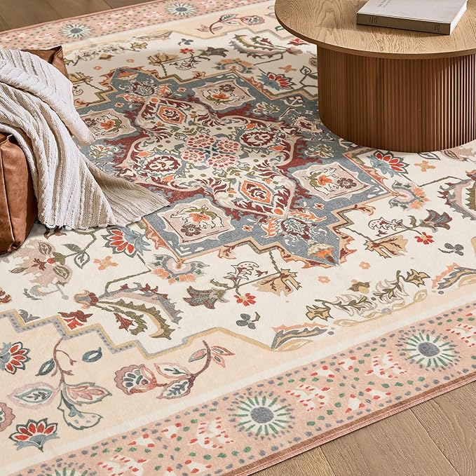 Phantoscope Washable Round Area Rug 6ft Non-Slip, Vintage Boho Rugs for Living Room, Bedroom, Dining Room, Persian Floral Medallion Pattern, Low-Pile Foldable Floor Carpet, Ivory Rose/Fall Bloom