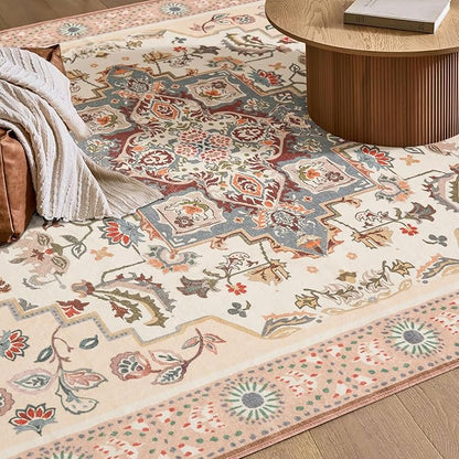Phantoscope Washable Round Area Rug 6ft Non-Slip, Vintage Boho Rugs for Living Room, Bedroom, Dining Room, Persian Floral Medallion Pattern, Low-Pile Foldable Floor Carpet, Ivory Rose/Fall Bloom