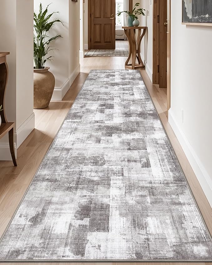 LUMI Washable Runner Rug, 3'x7' Non-Slip Hallway Mat, Low Profile Thin Long Carpeet for Laundry Kitchen Bedroom Office, Grey