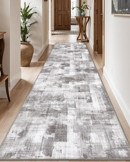 LUMI Washable Runner Rug, 3'x7' Non-Slip Hallway Mat, Low Profile Thin Long Carpeet for Laundry Kitchen Bedroom Office, Grey