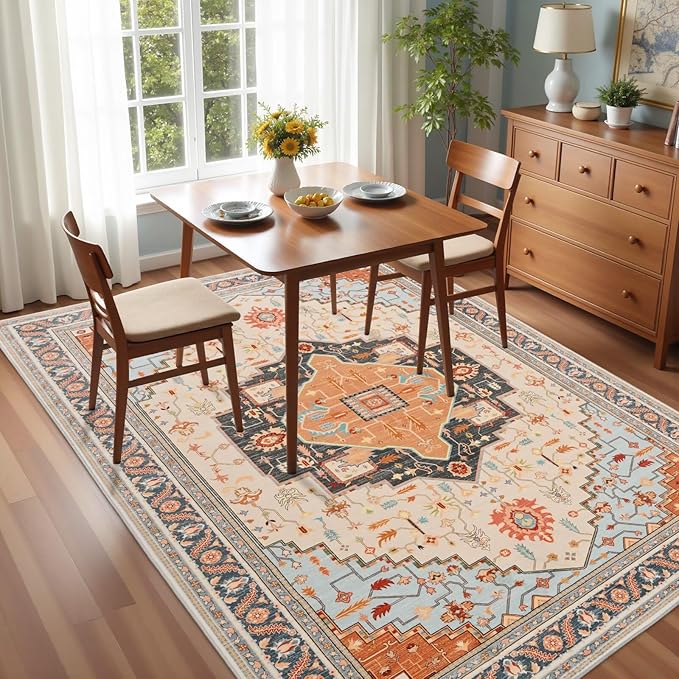 6x9 Orange Beige Area Rug for Living Room, Machine Washable Rugs with Non-Slip Backing for Bedroom, Vintage Medallion Carpet Dining Room Office Kids Room Decor