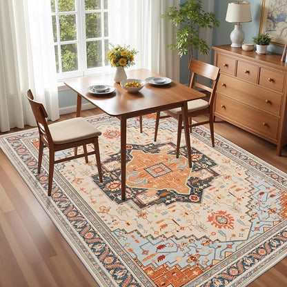 5x7 Orange Beige Area Rug for Living Room, Machine Washable Rugs with Non-Slip Backing for Bedroom, Vintage Medallion Carpet Dining Room Office Kids Room Decor