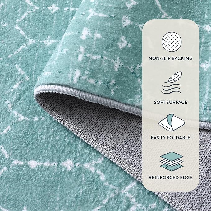 Lahome Moroccan Washable Runner Rug 2x8 Green Non-Slip Rug Runner for Hallway Stain Resisitant Kitchen Carpet, Geometric Print Distressed Soft Untra-Thin Floor Carpet for Kitchen Bedroom Entryway