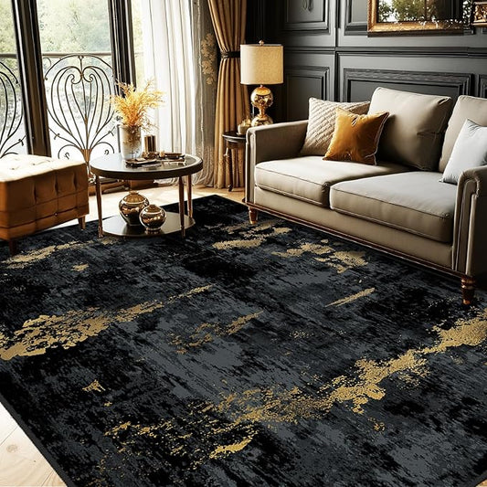 Washable Area Rugs 6'x9' Non-Slip Modern Abstract Soft for Living Room Entryway Bedroom Nursery, Print Pattern, Dark Black Gold