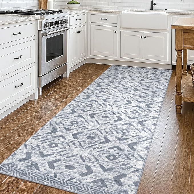 KILOCOCO Hallway Runner Rug 3'x8' Washable Printed Moroccan Runner Rugs Non Slip Entryway Rugs Soft Indoor Long Floor Rug for Bedroom Kitchen Living Room Geometric Boho Carpet Runners, Grey White