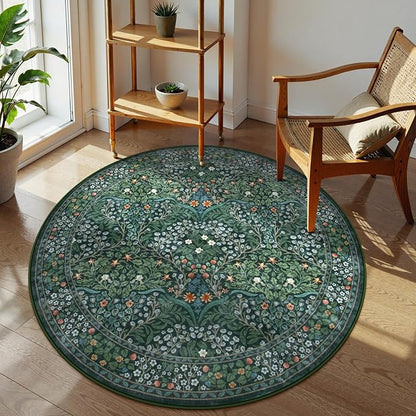 Lahome Floral Washable Round Rugs, Non-Slip Soft Round Rug 4ft Ultra-Thin, Small Stain Resistant Boho Circle Carpet for Entryway Kitchen Bedroom Nursery Bathroom, Dark Green