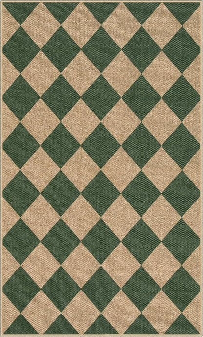 Lahome Checkered Outdoor Patio Easy Jute Rug, 3x5 Dark Green Washable Front Porch Door Rug, Farmhouse Indoor Outdoor Carpet Non Slip Non Shedding Carpet for Entryway Living Room Deck