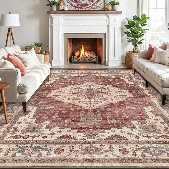 LUMI 4x6 Washable Area Rug for Living Room, Ultra Soft Traditional Vintage Red Rugs Non Slip with Rubber Backing, Low Profile, High Traffic, Stain Resistant Carpets, Ideal for Bedroom, Dining Room