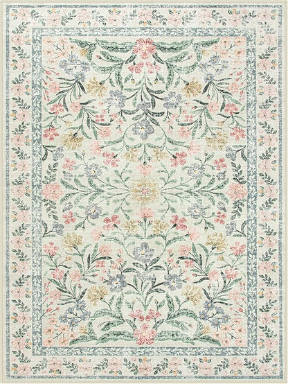 Lahome Boho Washable Girls Bedroom 9x12 Rugs, Beige Cream Floral Large Area Rugs for Bedroom, Soft Non-Slip Thin Carpet for Nursery Kids Playroom Dining Room Home, Beige