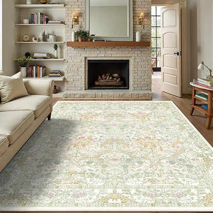 Sage Green Boho Area Rugs for Bedroom Aesthetic 8x10 - Washable Floral Farmhouse Large Rug for Living Room, Dining Room Under Table, Nursery - Soft Cottage Core Carpet with Low Pile & Non Slip