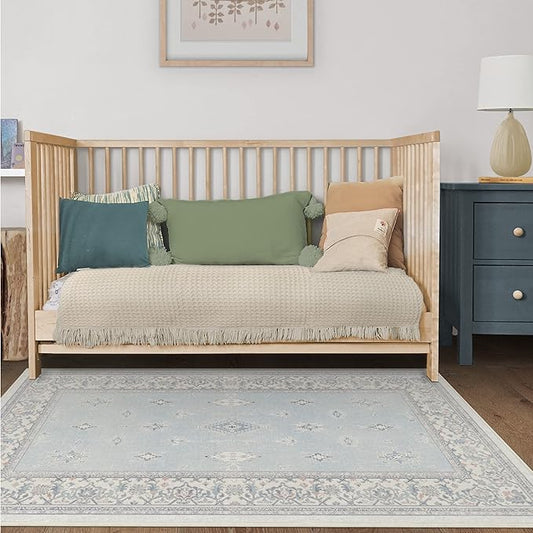 RUGGABLE Washable Vintage Area Rug – Verena Soft Blue 4x6, Stain-Resistant, Non-Slip – Medium Machine Washable Rugs for Living Room, Bedroom, Hallway, Entryway & Office–with Standard Pad