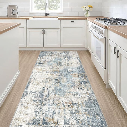 Runner Rug Non Slip Rugs: 2x6 Hallway Kitchen Washable Abstract Soft Modern Stain Resistant Indoor Floor Neutral Accent Throw Carpet for Bathroom Laundry Room Entryway Bedroom- Blue