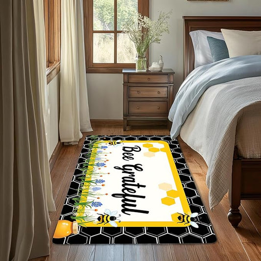 Bee Grateful Rug for Living Room 3x5, Low Pile Non-Slip Backing, Machine Washable Easy Fold Rug for Home, Office, Dorm Room