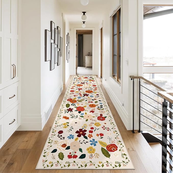 U'Artlines Runner Rug for Hallways & Kitchen - 2'6" x 10' Colorful Soft Non Slip Washable Boho Floral Floor Carpet for Entryway, Laundry Room, Bathroom - Beige